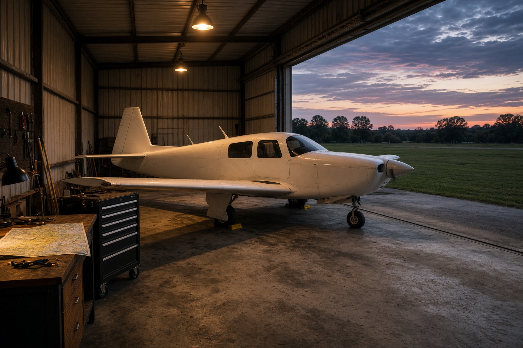 A Mooney M20 parked inside a hangar