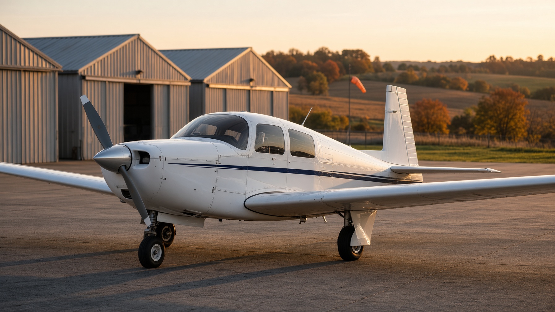 A white Mooney M20 on the ramp at golden hour